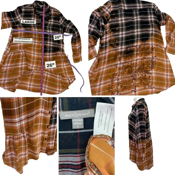 Peace & Pearls Womens Plaid Button Up Sz Large Upcycled Bleach Ombre Stencil - Picture 7 of 12